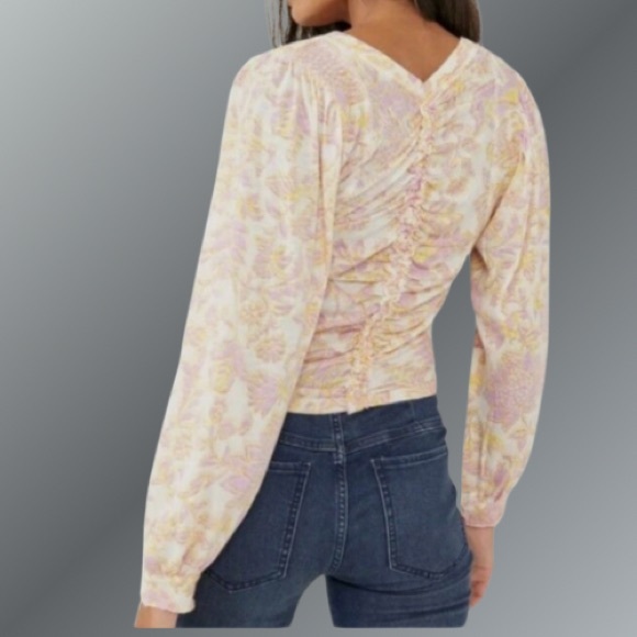 FREE PEOPLE SAY THE WORD CROP TOP Floral Printed Ruched Ivory Pink - Picture 5 of 8